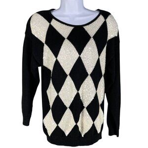 Vintage Marnie West Womens L Harlequin Sequin Sweater Diamond Pattern Holiday